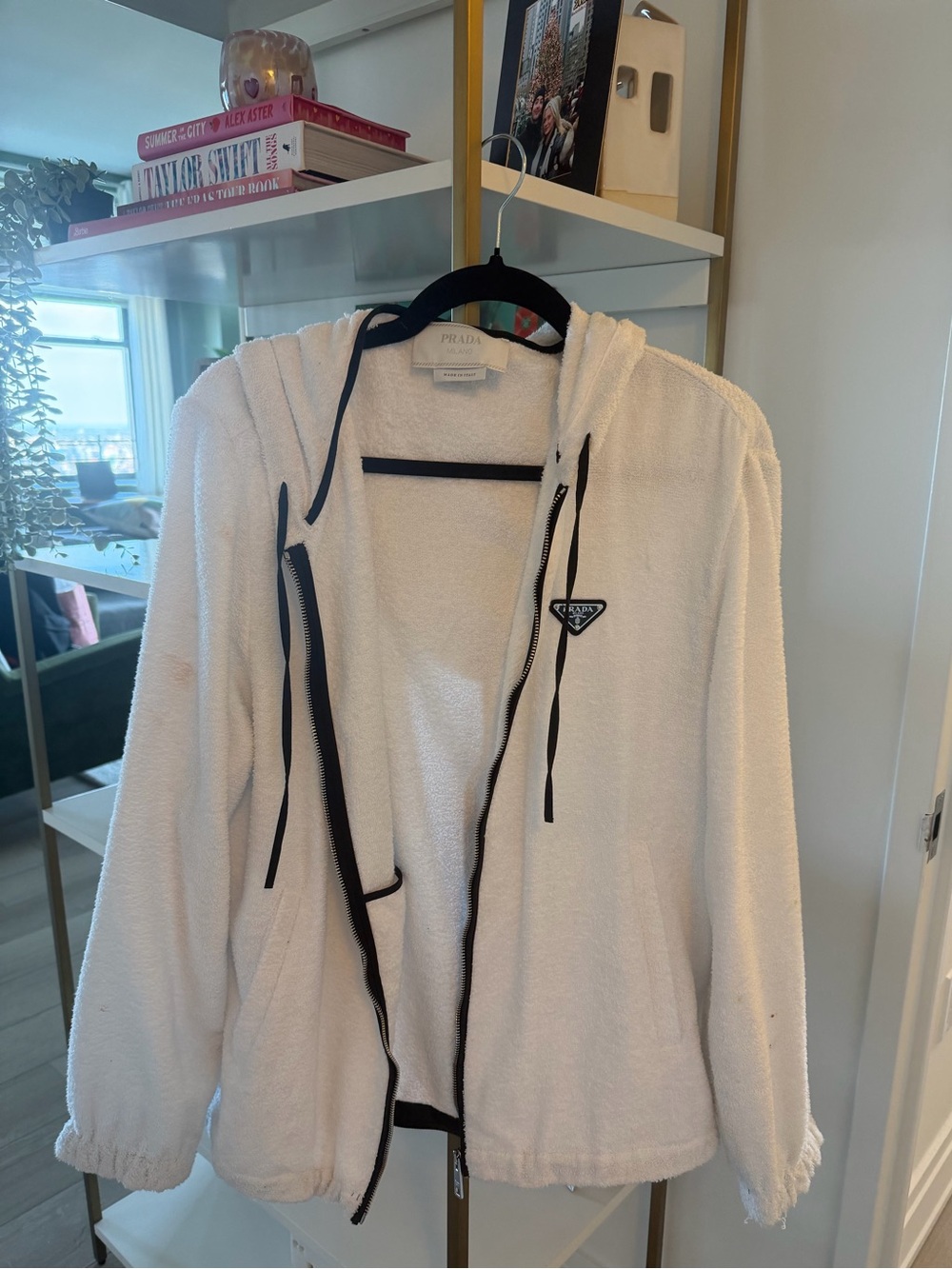 Prada Cream terry Hooded Jacket with Black Trim